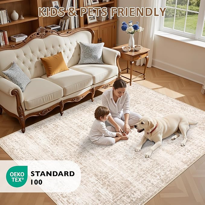 Area Rugs 10x14 Living Room Rug: Washable Rug Soft Vintage Boho Carpet Indoor Floor Non-Slip Stain Resistant Large Carpets for Bedroom Dining Room Farmhouse Nursery Home Office Beige