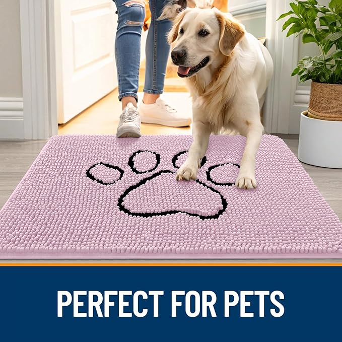 OLANLY Dog Door Mat for Muddy Paws 30x20, Paw Print Design, Absorbs Moisture and Dirt, Non-Slip Washable Doormat, Quick Dry Chenille Mud Mat for Dogs, Entry Indoor Entryway Carpet, Dusty Rose