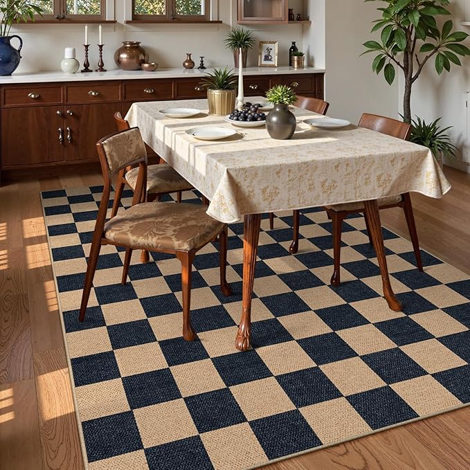 Lahome Colette Checkered Easy Jute Carpet, Washable Area Rug 6x9 Neutral Outdoor Patio Rug, Farmhouse Checkerboard Non Slip Non Shedding Floor Carpet for Dining Living Room Deck Sunroom