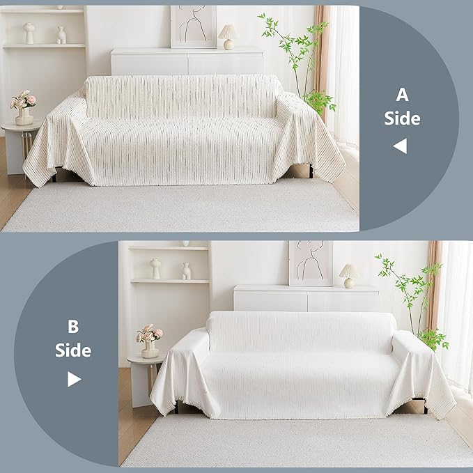 MYSKY HOME Couch Cover for Dogs, Sectional Couch Cover, Beige Lines Sofa Covers for Sectional Sofa L Shape Chenille Couch Protector for Dogs Pets Couch Covers Washable Soft Throw, 71"X150"