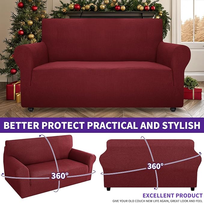 ZNSAYOTX Super Stretch Couch Cover Love Seat Sofa Covers for Living Room Dogs Pet Friendly Furniture Protector Spandex Loveseat Slipcovers with Anti Slip Foam Sticks (Wine Red, Loveseat)