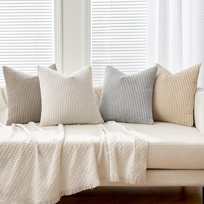 MIULEE Boho Farmhouse Throw Pillow Covers 18x18 Inch Set of 4 Neutral Tan Decorative Cushion Covers Soft Corduroy Nordic Spring Home Decor for Couch Bed Sofa Living Room