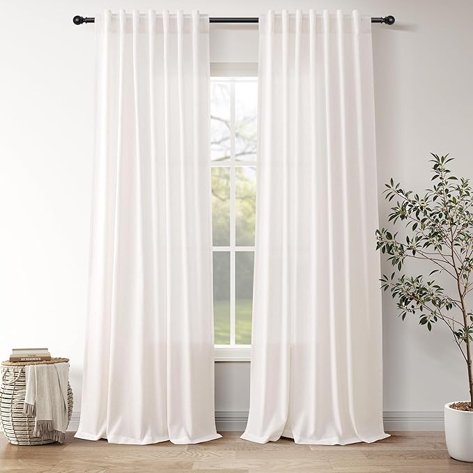 Ivory White Linen Curtains for Living Room 105 Inches Long Light Filtering Semi Sheer Curtain Back Tab Rustic Luxury Neutral Modern Farmhouse Decor Drapes for Bedroom Dinner Room 52x105, 2 Panels