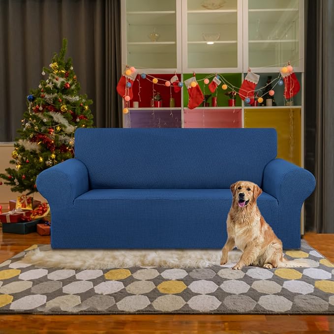 KEKUOU Stretch Loveseat Sofa Cover Slipcover,Couch Covers for 2 Cushion Couch Sofa (55"-78") Furniture Protector Sofa with Elastic Bottom for Kids,Dog. Jacquard Small Checked (Medium,Classic Blue)