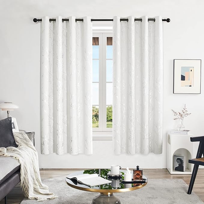 Deconovo White Curtains, Room Darkening Curtain, Thermal Insulated Noise Reducing Drapes, Silver Print, 52 x 72 Inch Long, Grommet Top, Window Panels for Living Room Bedroom Nursery Office, Set of 2