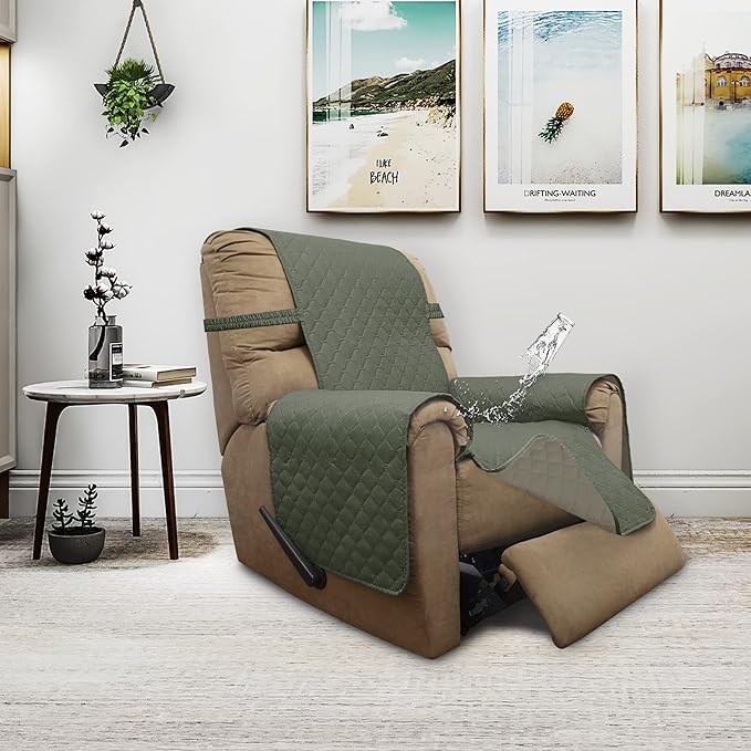 ISSUNTEX Double Protection 100% Waterproof Recliner Covers for Living Room, Reversible Furniture Protector Recliner Couch Sofa Slipcover for Dogs, Pets, Kids (Recliner, Greyish Green/Beige)