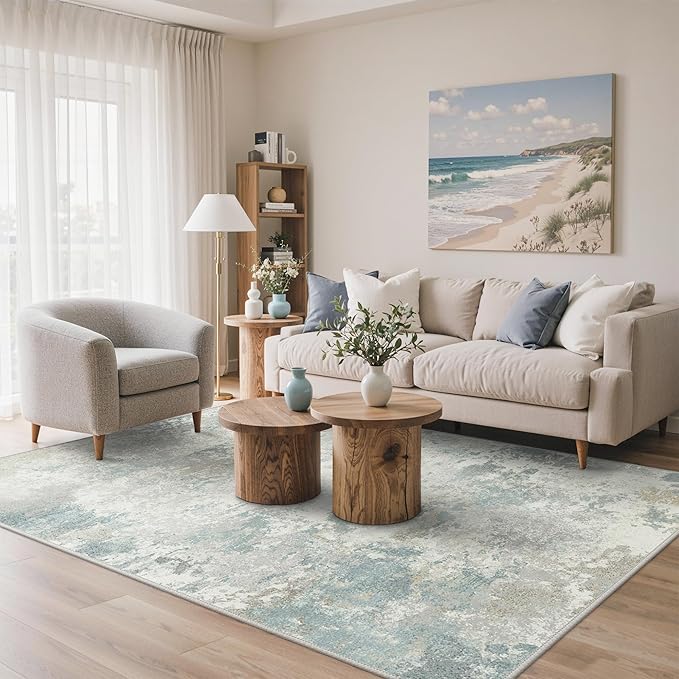 Area Rugs 5x7 for Living Room Bedroom, Modern Abstract Machine Washable Rug, Large Soft Low Pile Floor Carpet with Non Slip Backing for Dining Room, Light Cream Blue