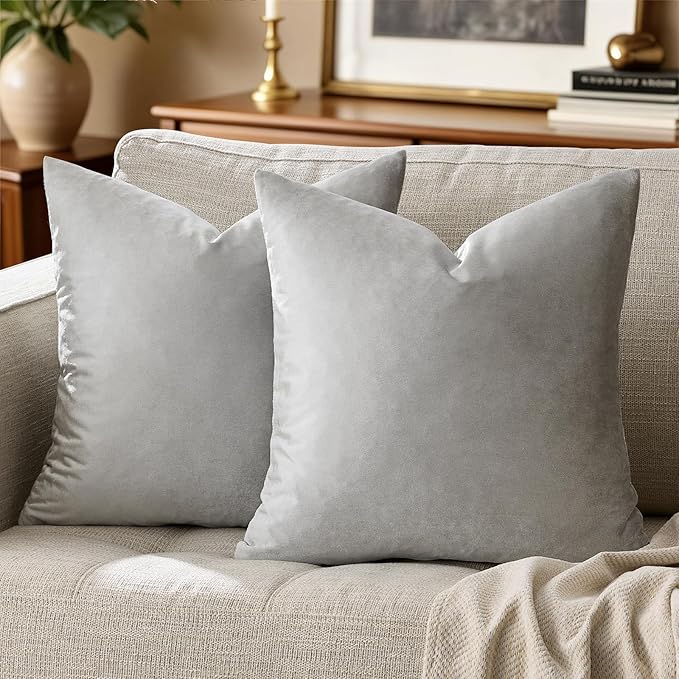GIGIZAZA Big Velvet Pillow Covers 26x26 Silver Grey Pack of 2 Square Modern Throw Pillows Luxury Covers Decorative Pillows for Living Room Couch Sofa Pillow Cases