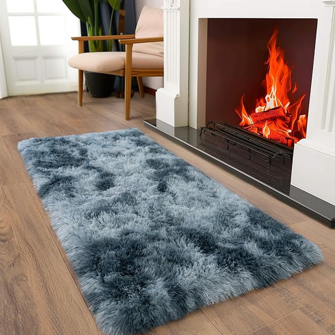 Soft Runner Rugs for Bedroom Hallways, 2x4 Tie-Dyed Blue Grey Fluffy Shag Throw Area Rug Non Slip for Bedside Dorm, Long Shaggy Furry Carpet for Nursery Living Room