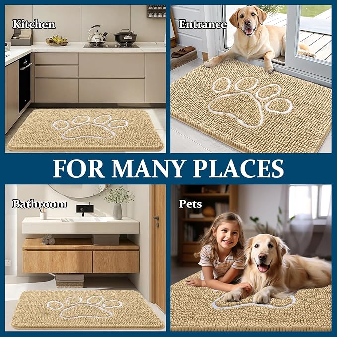 OLANLY Dog Door Mat for Muddy Paws 70x24, Paw Print Design, Absorbs Moisture and Dirt, Absorbent Non-Slip Washable Doormat, Quick Dry Chenille Mud Mat for Dogs, Entry Indoor Entryway Carpet, Beige