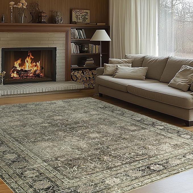 Washable Rugs 8x10 Area Rugs for Living Room - Modern Abstract Rugs for Bedroom,Dining Room,Large Soft Low Pile Carpet with Non Slip Rubber Backing,Neutral Accent Nursery Rug- Yello Beige
