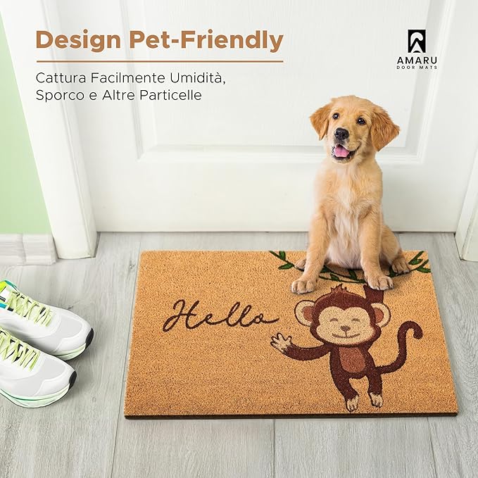 Monkey - 17"x29" - Coir Door Mat with Heavy Duty Backing - Welcome Mats for Entryway, Porch - Anti-Slip PVC & Coconut Fiber Surface - Natural Home Accessories, Minimalist Original Design