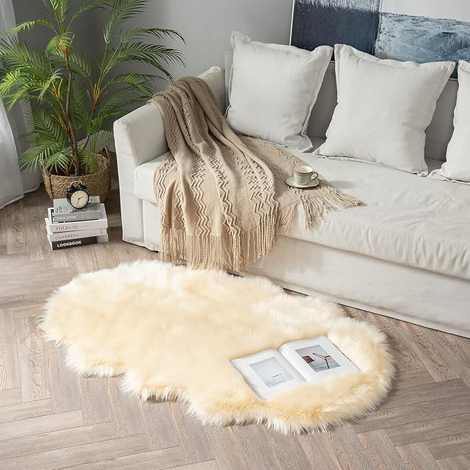 MIULEE Luxury Super Soft Fluffy Area Rug Faux Fur Sheepskin Rug Decorative Plush Shaggy Carpet for Bedside Sofa Floor Nursery 3 x 5 Feet, Light Yellow