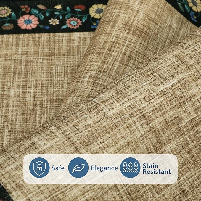GarveeHome 4x6 Area Rugs for Bedroom Living Room Machine Washable Rugs Floral Bordered Small Carpet Non-Slip Stain Resistant Accent Carpet for Dining Room Table Apartment Office, Yellow