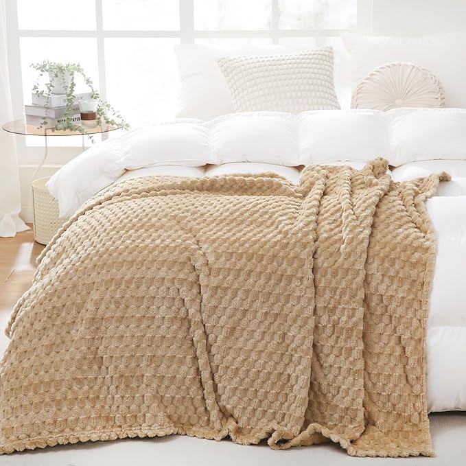 Puncuntex Beige Throw Blanket 108"×90" inches Fuzzy 3D Jacquard Decorative Flannel Fleece Super Soft Plush Cozy Blanket for Couch Sofa Chair Lightweight