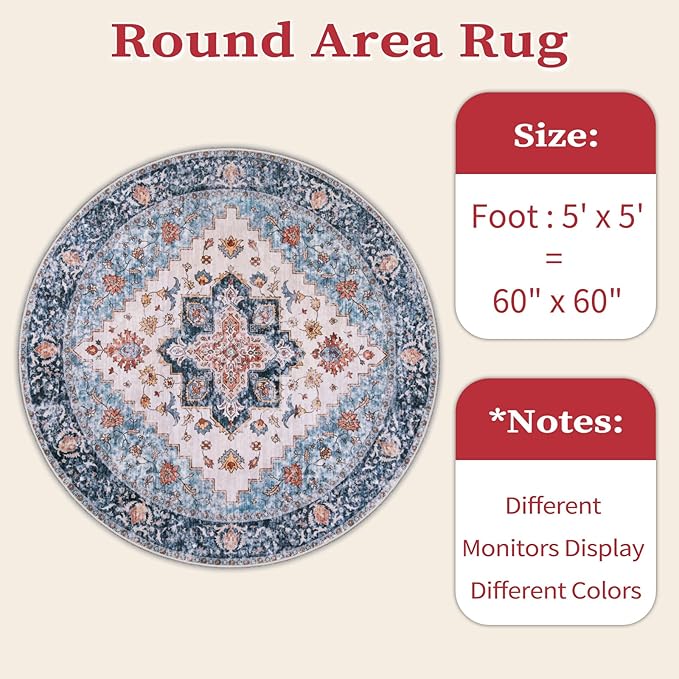 SERISSA Boho Round Area Rug, 5ft Washable Non-Slip Circle Rug, Ultra Soft Oriental Vintage Blue Orange Low-Pile Circular Carpet for Bedroom Entryway Kids Room Office College Dorm Living Room