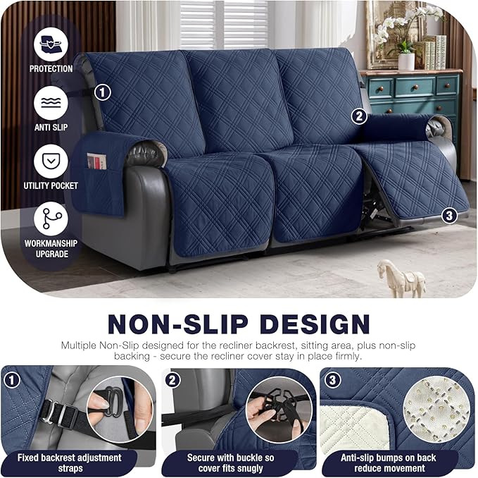 TAOCOCO 100% Waterproof Recliner Sofa Covers 3 Seater, Split Couch Covers for Reclining Couches for Kids Pets, Non Slip Reclining Couch Covers Furniture Protector with Straps(3 Seater, Navy Blue)