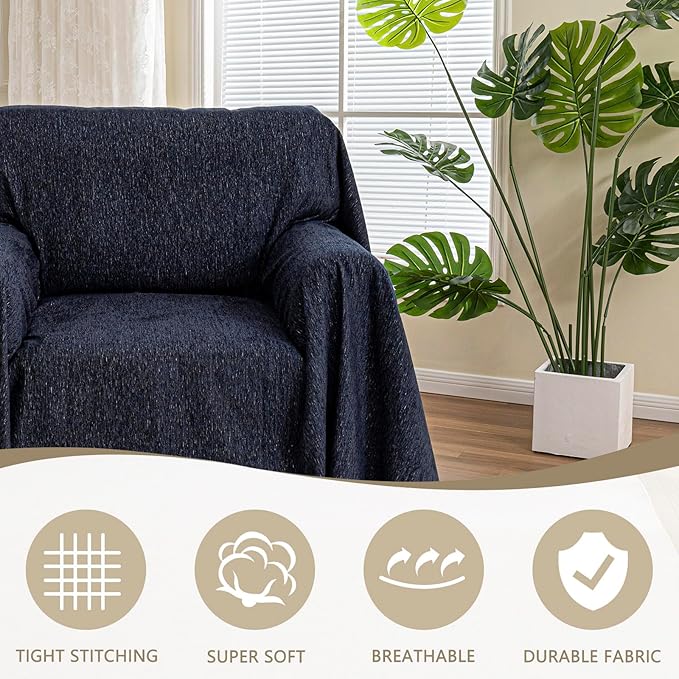 MYSKY HOME Chair Couch Covers - Sectional Couch Covers for Pet Sofa Covers - Non Slip Soft Couch Cover, Washable Furniture Protector - Slipcover with Tassel Sofa Throws, 71"x91", Navy Blue