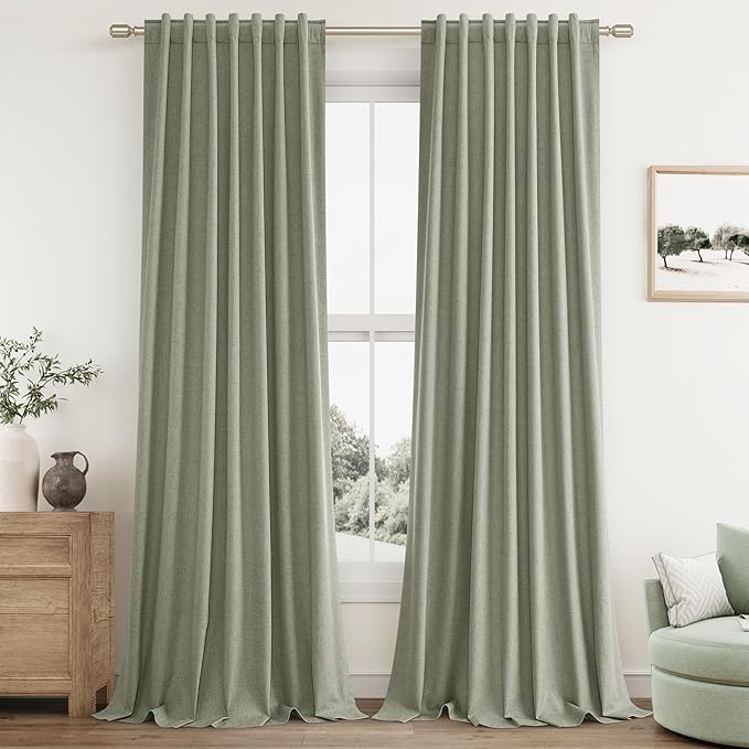 Sage Green 100% Blackout Linen Curtains 92 Inch Length 2 Panels Set for Living Room Bedroom Back Tab Thermal Insulated Black Out Drapes Room Darkening Farmhosue Window Curtains 92 Inches Long