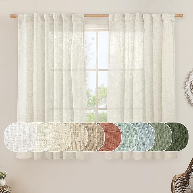 LAMIT Natural Linen Semi Sheer Curtains 48 Inch for Bedroom, Light Filtering Neutral Window Curtains Farmhouse Boho Back Tab and Rod Pocket Panels, Natural Cream Ivory, 2 Panels, 52 x 48 Inch
