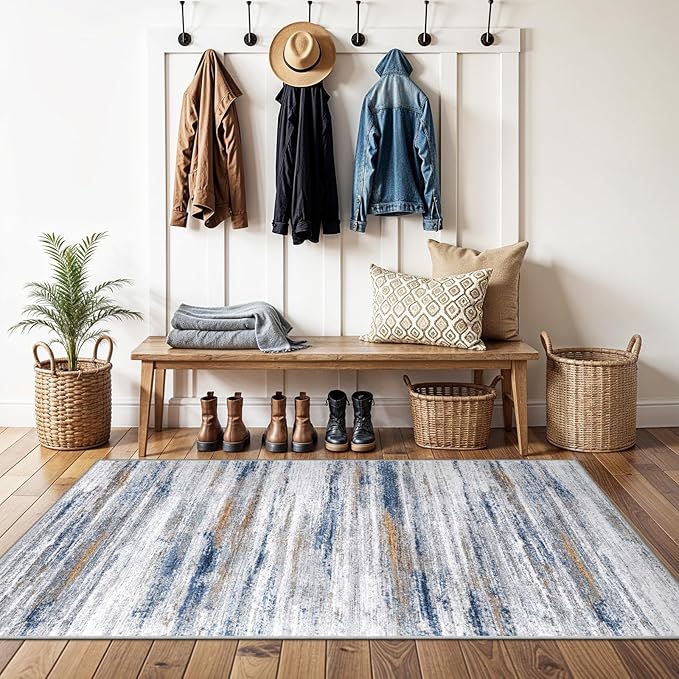 3x4 Rugs Washable Entry Rug: Easy-to-Clean Carpets for Large Entryway Hallway Kitchen Bedroom - Stain and Water Resistant Carpet with Non-Slip Backing - Soft Low-Pile Door Mat Navy Grey