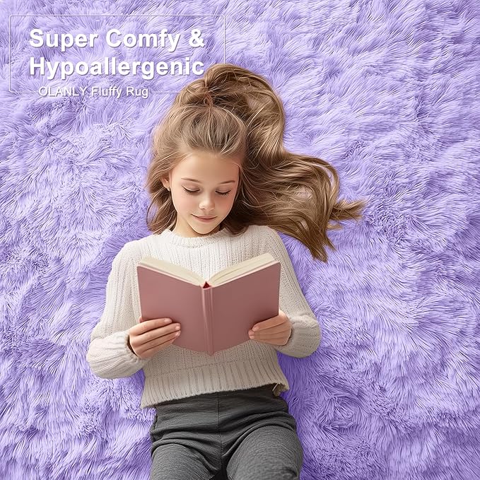 OLANLY 2x3 Machine Washable Small Bedside Rug, Soft Fluffy Shaggy Entryway Throw Rugs for Bedroom, Living Room, Indoor Floor Carpet for Kids Girl Boy, Nursery Room, Home Decor Aesthetic, Light Purple