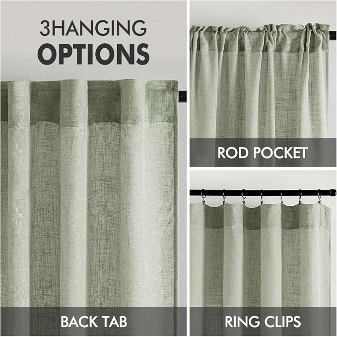 MIULEE Sage Linen Curtains 72 Inch Length 2 Panels for Bedroom Living Room,Green Soft Thick Linen Textured Window Drapes Semi Sheer Light Filtering Back Tab Rod Pocket Burlap Look Decor
