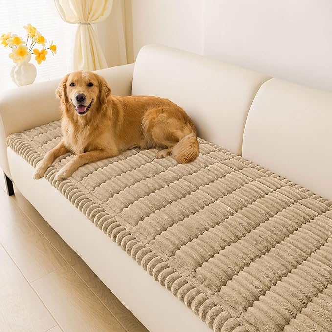 hyha Couch Covers for Dogs Washable, Non Slip Plush Dog Sofa Protectors, Fuzzy Pet Couch Covers for 3 Cushion Sofa Pet Friendly (Khaki, 27.6" x 82.7")