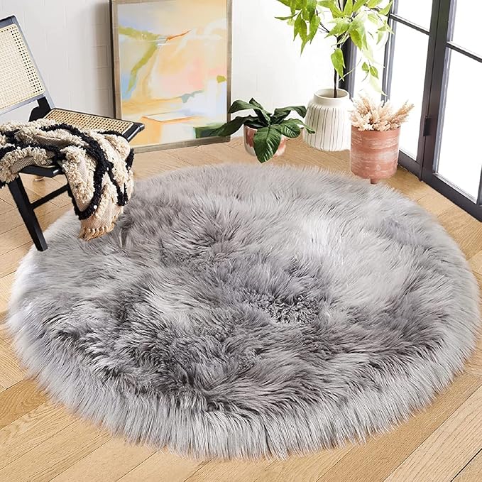 ORINOVA Silver Grey Washable Shaggy Round Rugs 6.6ft Large Faux Sheepskin Fur Rugs for Living Room Bedroom Circle Nursery Rug