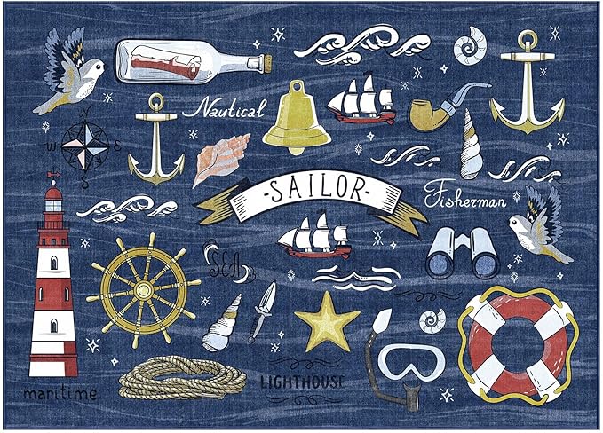 OPPODREAM Nautical Soft Area Rugs 5x7, Washable Dark Blue Rug with Non Slip Backing, 5 x 7 Faux Cashmere Low-Pile 5x7 Carpet