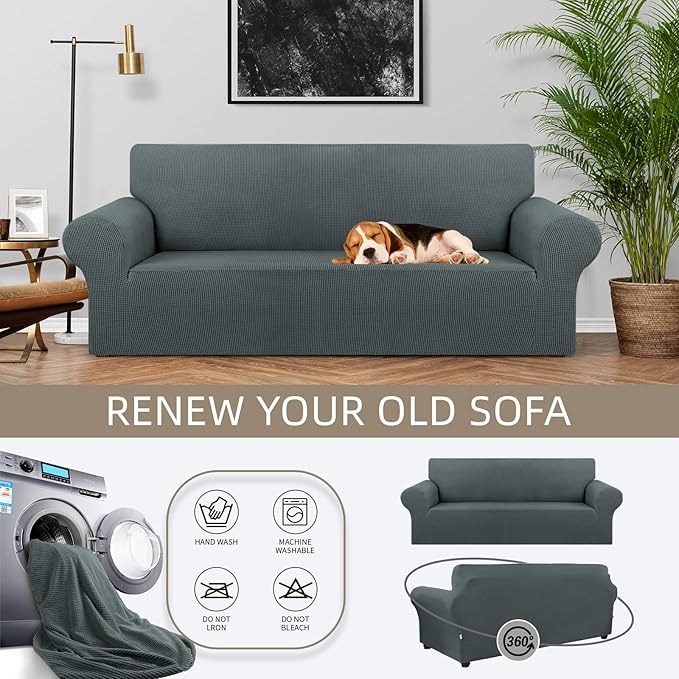 KEKUOU Stretch Sofa Cover Slipcover ，Couch Covers for 3 Cushion Couch Sofa (78"-94") Furniture Protector 3 Seater Sofa with Elastic Bottom for Kids,Dog, Jacquard Small Checked(Large,Grey)