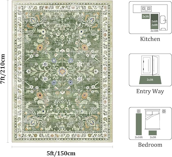 Yamaziot Washable Area Rug 5x7 – Non-Slip Boho Floral Living Room Rug with Rubber Backing, Low Pile Distressed Carpet for Bedroom, Living Room, Dining Room, Green