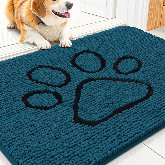 Smiry Dog Door Mat for Muddy Paws, Absorbent Dirt Trapper Non Slip Quick Dry Washable Chenille Mat for Mud Dogs, Entry Rug for Indoor and Outdoor (30x20 Inches, Atlantic Blue and Black)