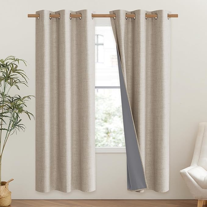 NICETOWN Oatmeal Vintage Open Linen Weave Flax Thermal Curtains, 100% Blackout Curtains 72" Long for Dining Room, Soundproof Window Treatment Drapes for Gym Room, 42" Wide Per Panel, Set of 2