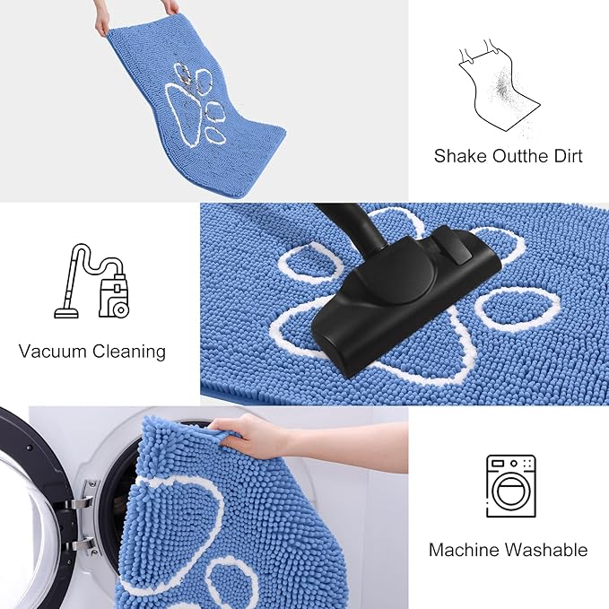 Smiry Dog Door Mat for Muddy Paws, Absorbent Dirt Trapper Non Slip Quick Dry Washable Chenille Mat for Mud Dogs, Entry Rug for Indoor and Outdoor (30x20 Inches, Cornflower Blue and White)