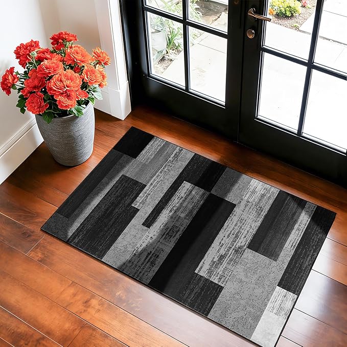 LIANLAM 2x3 Washable Entryway Rug,Non-Slip Indoor Door Mat with Vintage Checkered Pattern, Stain & Water Resistant Faux Wool Low Pile for Front Door,Hall,Kitchen,Bathroom - Easy Clean(2x3,Gray)
