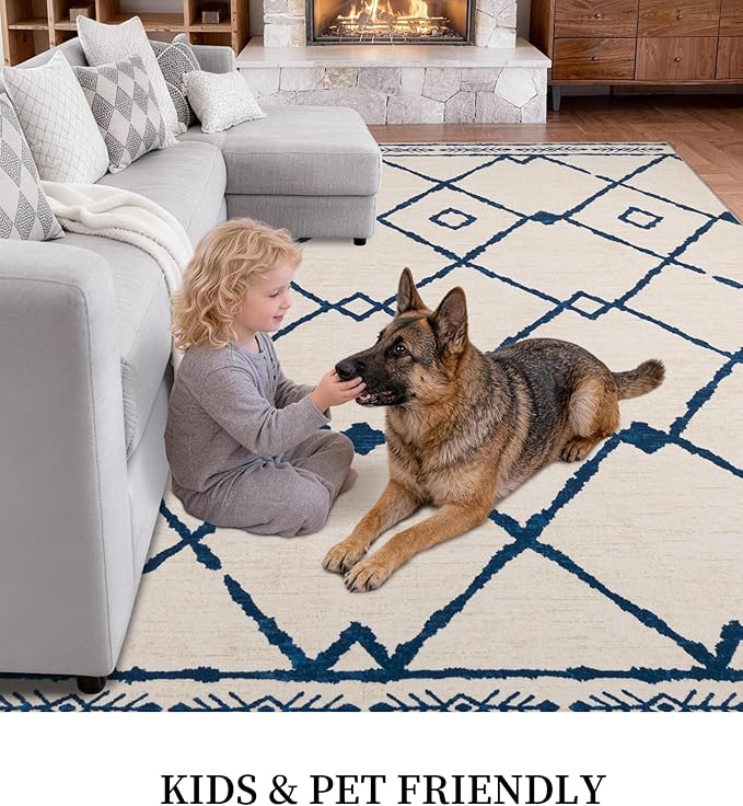 YIHOUSE Boho Rugs for Living Room, 6x9 Western Beige and Blue Area Rug, Moroccan Geometric Soft Low-Pile Washable Rugs for Bedroom, Dining Room