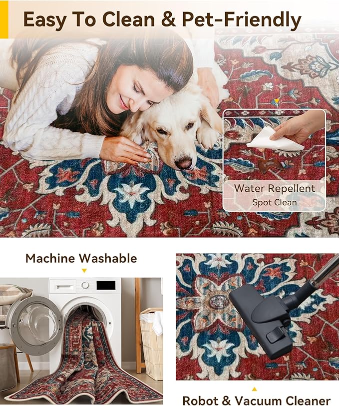 RELEANY Area Rugs Round 8ft Washable Non-Slip, Floral Vintage Distress Print Pattern Medallion Carpet for Living Room Bedroom Dining Room, Red Blue