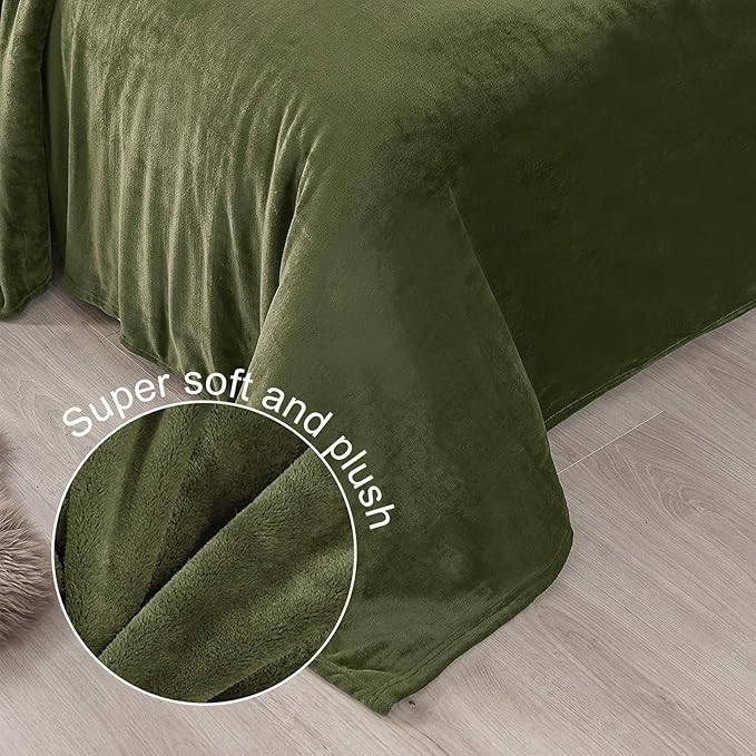 Exclusivo Mezcla Fleece Blankets Queen Size for Bed, Super Soft and Warm, All Season, Cozy, Plush, Lightweight, 90x90 Inches, Olive Green