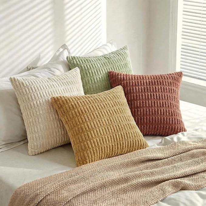 Fancy Homi 4 Packs Boho Fall Small Decorative Throw Pillow Covers 12x12 Inch for Living Room Couch Bed, Modern Farmhouse Home Decor, Soft Plush Striped Corduroy Square Colorful Cushion Case 30x30 cm