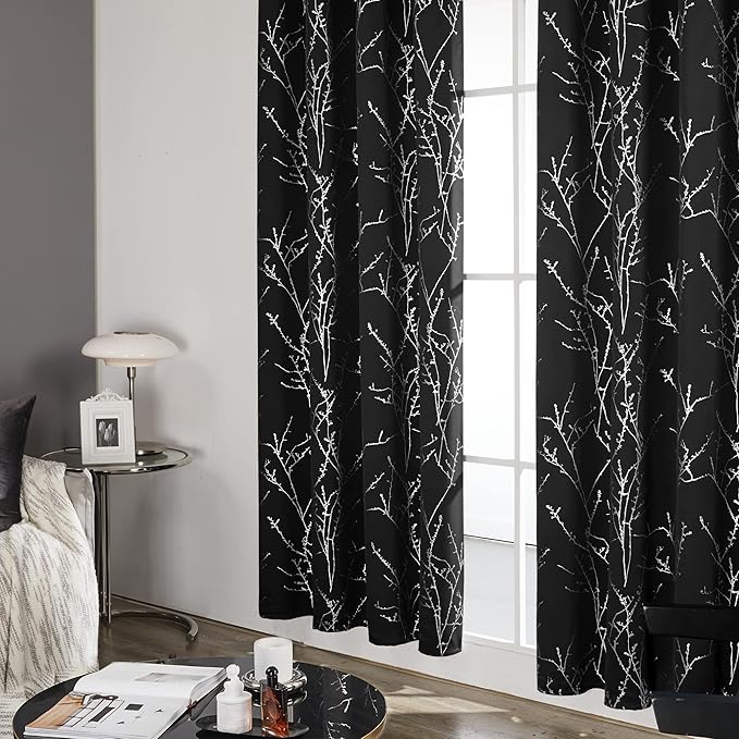 Deconovo Black Blackout Curtains, Thermal Insulated Soundproof Privacy Curtain Drapes, Branch Foil Print, 52 x 72 Inch Long, 2 Panels, Machine‑Washable Window Panel for Bedroom Living Room Office Home