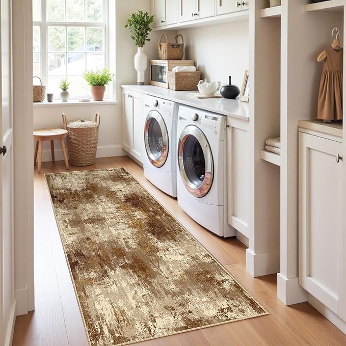 Washable Area Rugs 2'x8' Non-Slip Modern Abstract Soft for Living Room Entryway Bedroom Nursery, Print Pattern, Brown Tan Beige Coffee