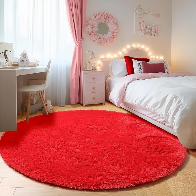 ONASAR Red Round Area Rug 4ft, Soft Bedroom Circle Rugs Floor Mat for Kids Girls Teen Room, Kawaii Fluffy Plush Shaggy Carpet for Nursery Living Room Playroom Christmas Home Decor Princess Castle