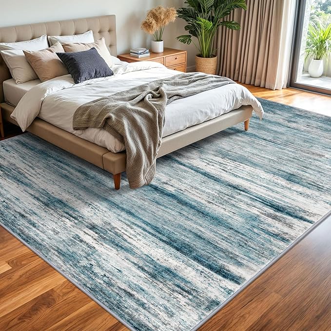KOZYFLY Area Rug 9x12 Modern Ombre Living Room Rug, Washable Large Thin Rugs Non-Slip Soft Striped Rug for Bedroom, Print Blue Abstract Carpet for Laundry/Kid Room