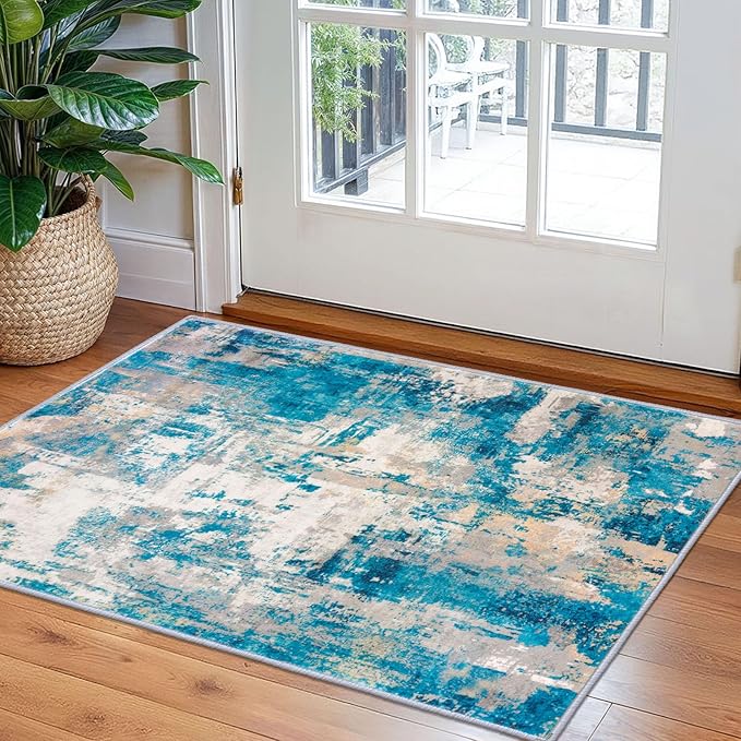 KOZYFLY Small Area Rug 2x3 Rug Entryway Rugs Indoor Non-Slip Modern Abstract Machine Washable Rug, Kitchen Mats for Floor Front Door Rug Low Pile Small Carpet Floor Mats, Turquoise/Beige/Grey/Yellow