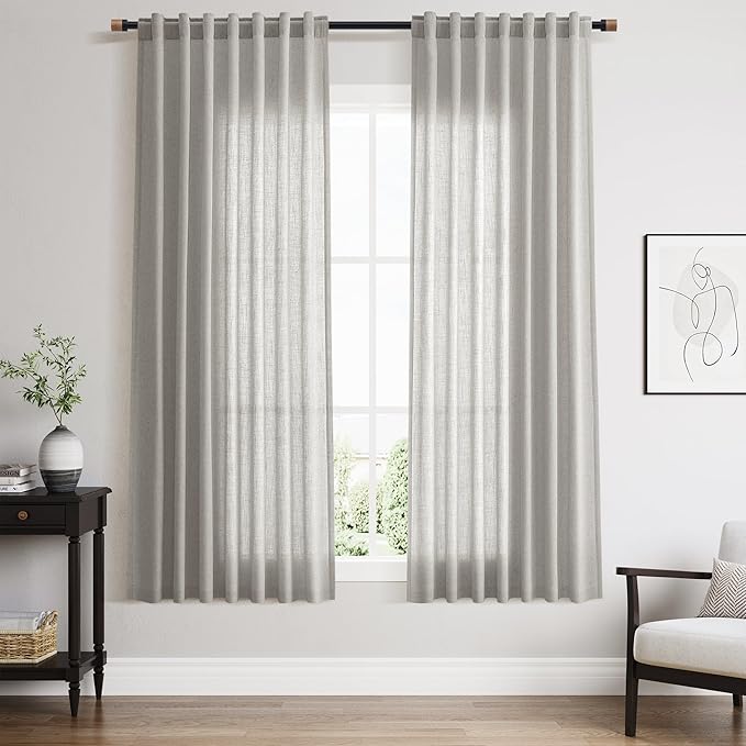 Nanspring Light Gray Linen Curtains 63 Inch Length for Living Room Back Tab and Rod Pocket Semi Sheer Curtain Simple Modern Coastal Room Decor Light Filtering Grey Drapes for Bedroom 52x63, 2 Panels