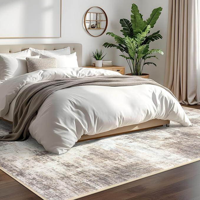 IOHOUZE Abstract Area Rugs 6x9 Ft Washable Rugs for Living Room, Non Slip Dining Room Rug Printed Faux Wool Rugs for Bedroom, Floor Carpet for Office Nursery Playroom, Beige Brown