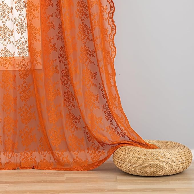 YJ YANJUN Vintage Lace Curtains 72 Inches Long-Rustic Floral Pattern Burnt Orange Sheer Curtain Panels for Dining Room Bay Window Bedroom Privacy Boho Farmhouse Autumn Fall Decor 2 Panels 52W x 72L