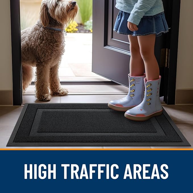OLANLY Front Door Mat Indoor Outdoor Entrance, Waterproof All-Season, All-Weather Doormat, Sturdy Natural Rubber, Low Profile, Easy Clean Patio Porch Entryway Mat, 47x23, Jet Black
