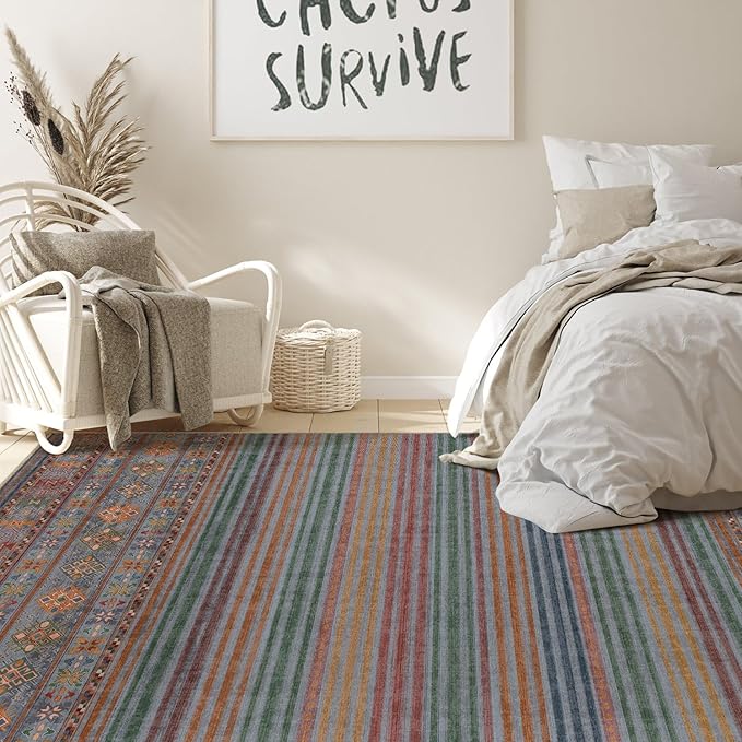 Nakagishi 8X10 Area Rugs Living Room: Washable Large Vintage Rug Neutral Non-Slip Soft Stain Resistant Indoor Carpet for Bedroom Nursery Dining Room Office Playroom - Multi Color